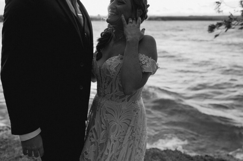 laughing bride during black rocks michigan elopement