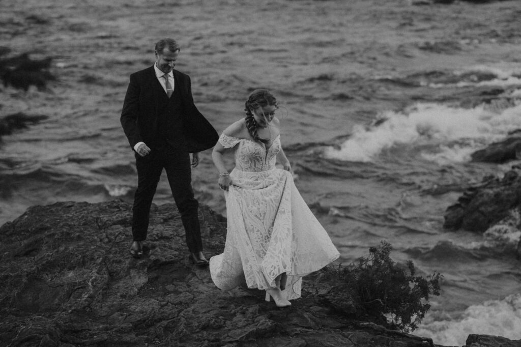 black and white portrait of elopement couple in upper peninsula